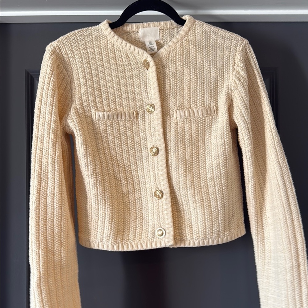 H&M Cream Textured Knit Cropped Blazer Jacket